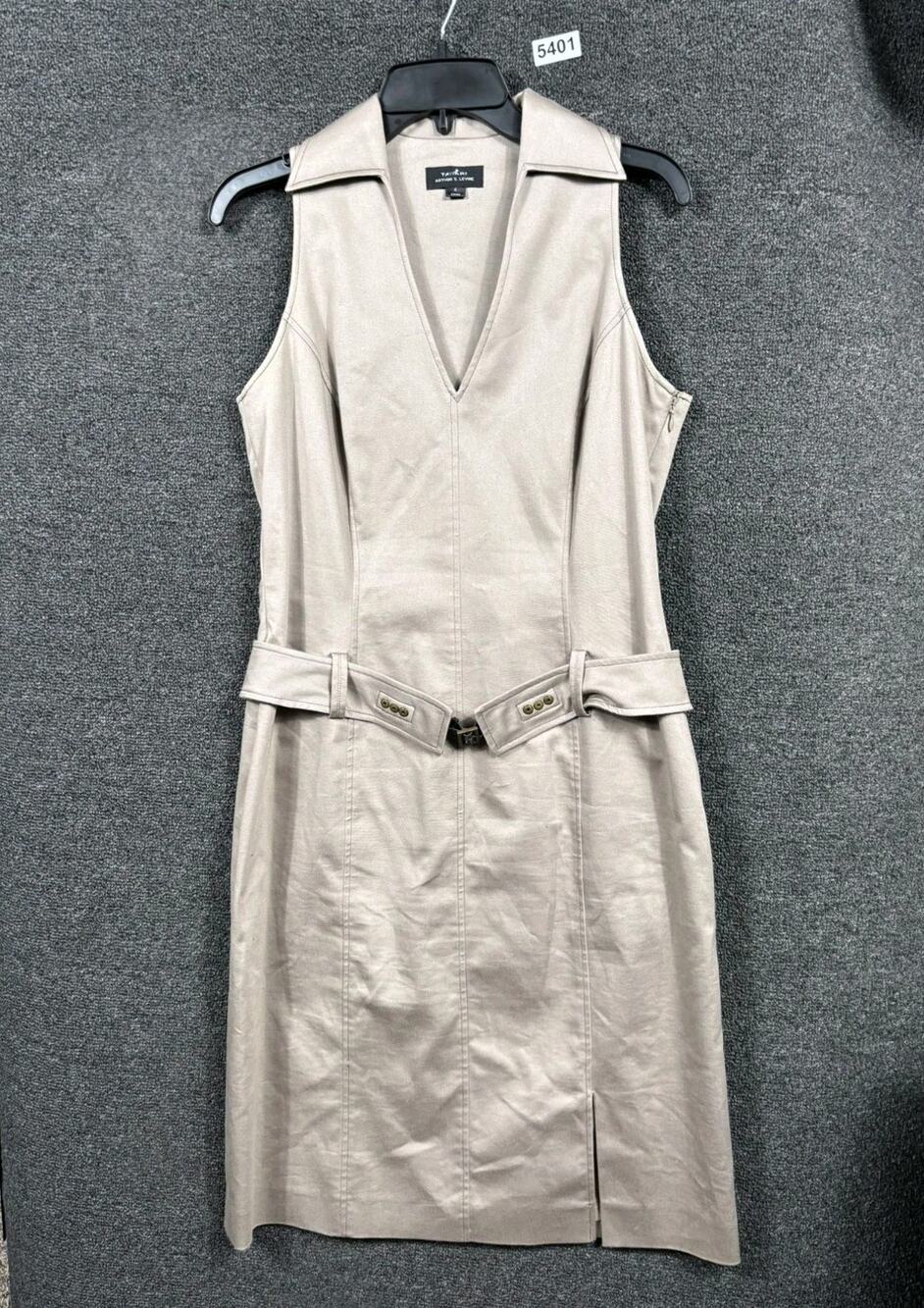 Tahari Arthur S Levine Sheath Dress Womens Size 6 Tan Sleeveless Belted V-Neck